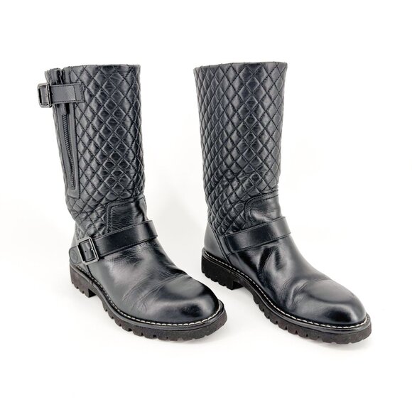 Chanel Quilted Moto Boots EU 37.5 US 6.5-7 Black Leather CC Biker Riding Calf - Picture 1 of 15